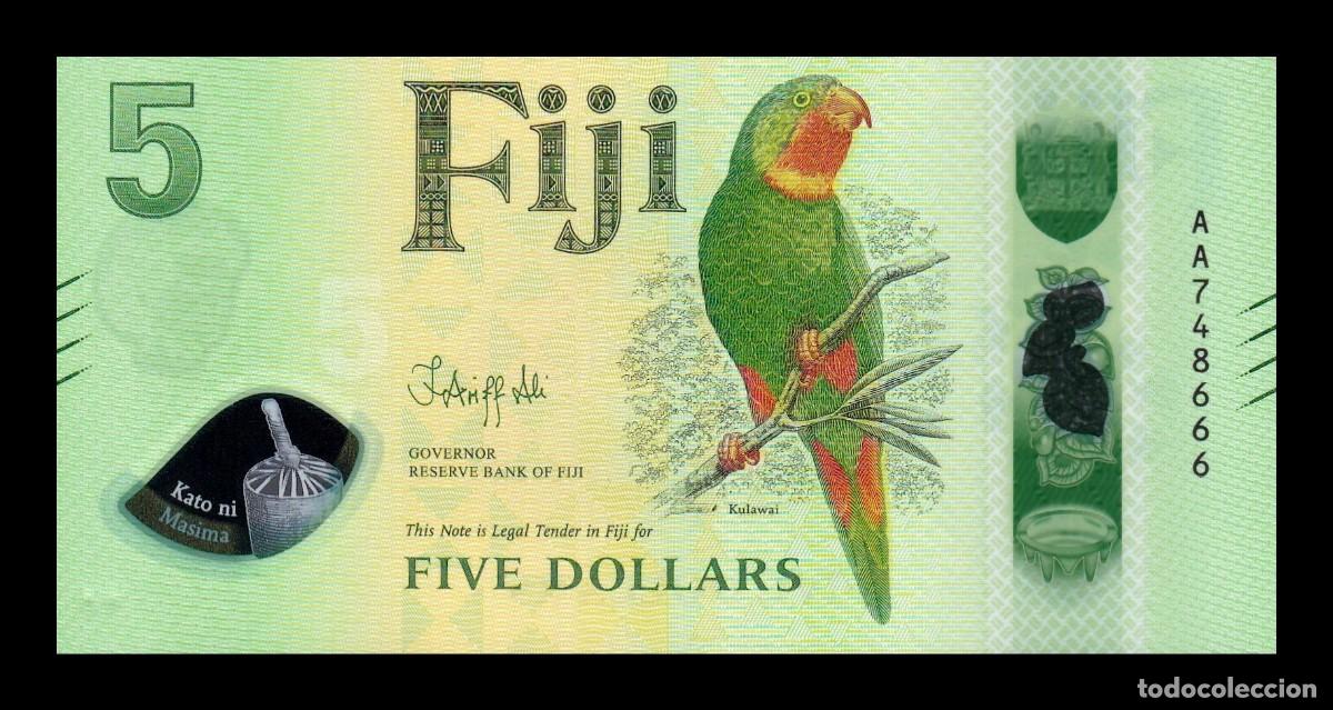 Billetes extranjeros: Fiji 5 D&oacute;lares Loro 2026 Pick 125 Nuevo Pol&iacute;mero Sc Unc