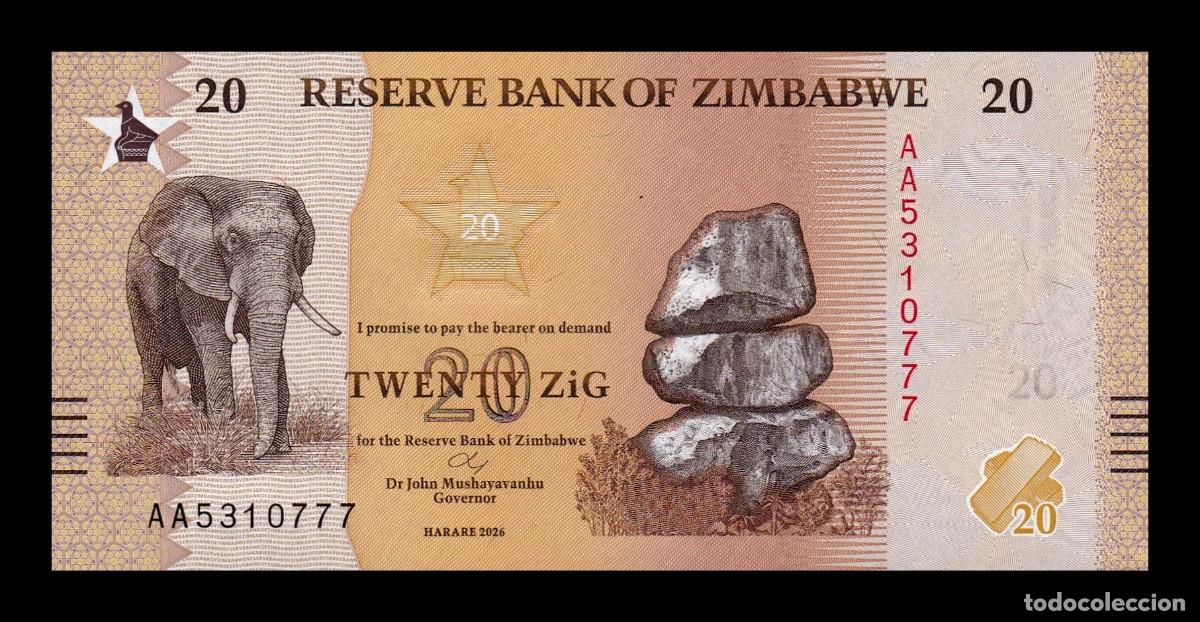 Billetes extranjeros: Zimbabwe 20 Zig Elefante 2026 Pick 116 Nuevo Sc Unc