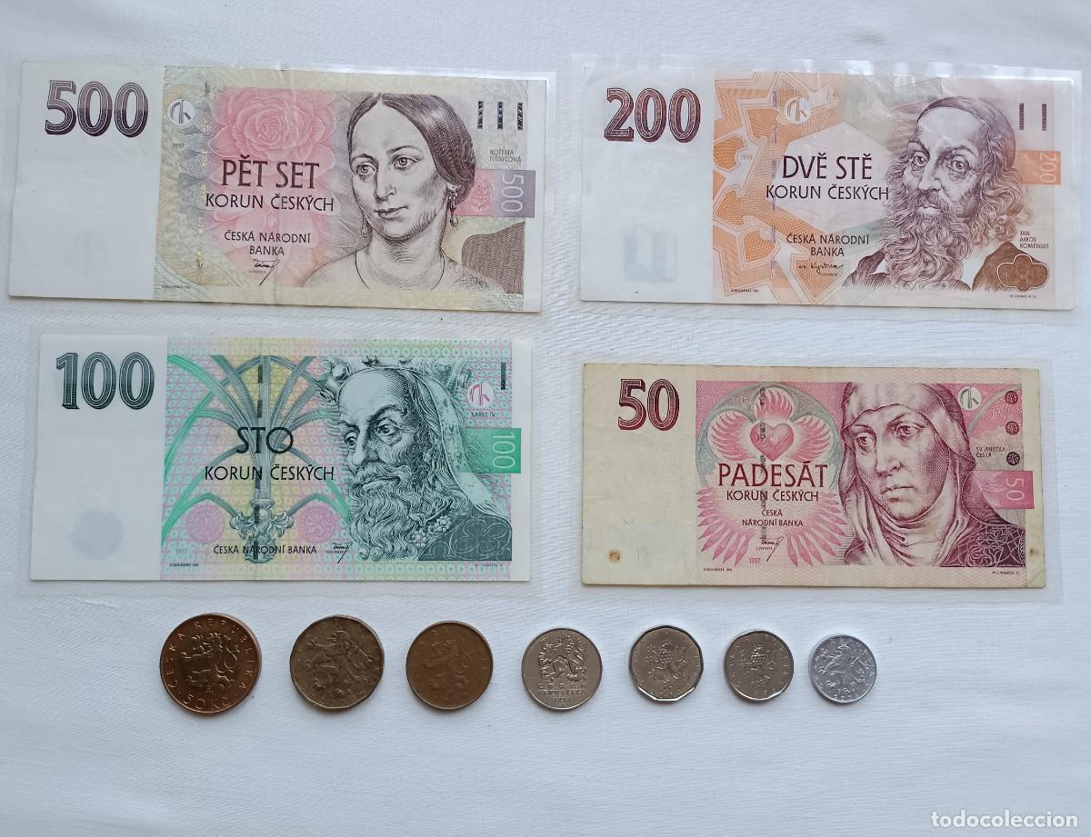 Billetes extranjeros: Excelente lote de 4 Billetes y 7 monedas de la Republica Checa ( Korun ) colecci&oacute;n incre&iacute;ble.