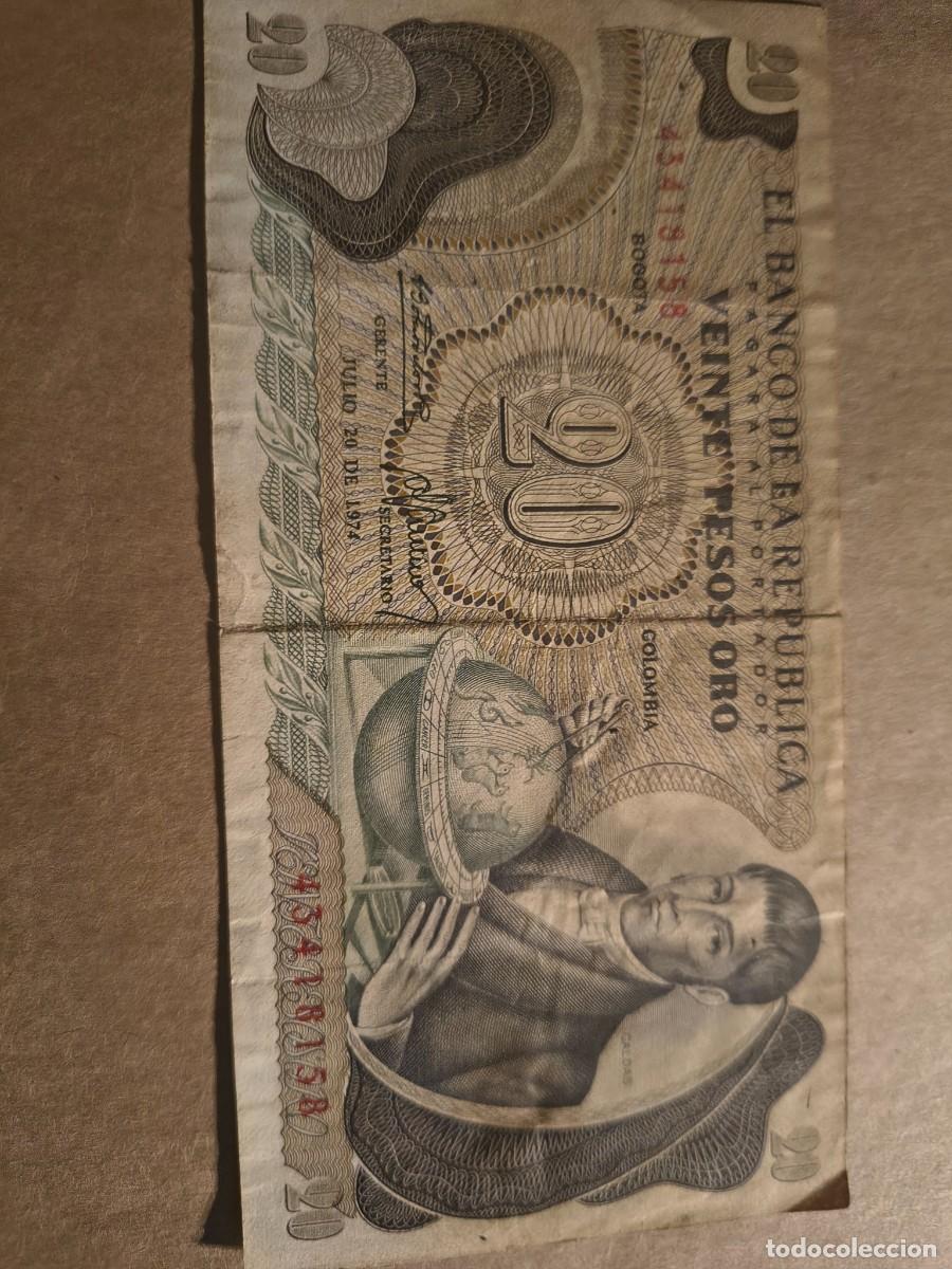Billetes extranjeros: 20 pesos de oro Colombia 1974