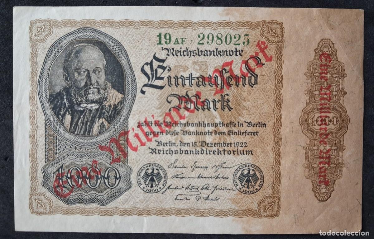 Billetes extranjeros: Alemania 1 milliarde Mark 1923 mil millones marcos sobre 1000 marcos 1922 pick 113A (EBC+)