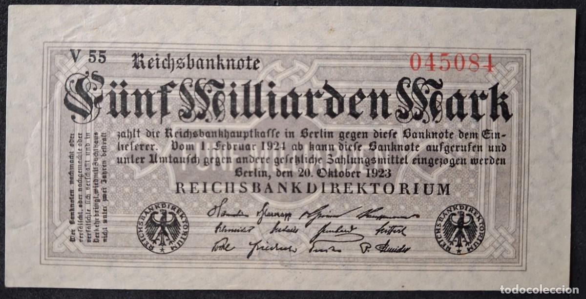 Billetes extranjeros: Alemania 5 milliarden Mark 1923 cinco mil millones marcos n&uacute;meros rojos pick 123A ROS120c SC-