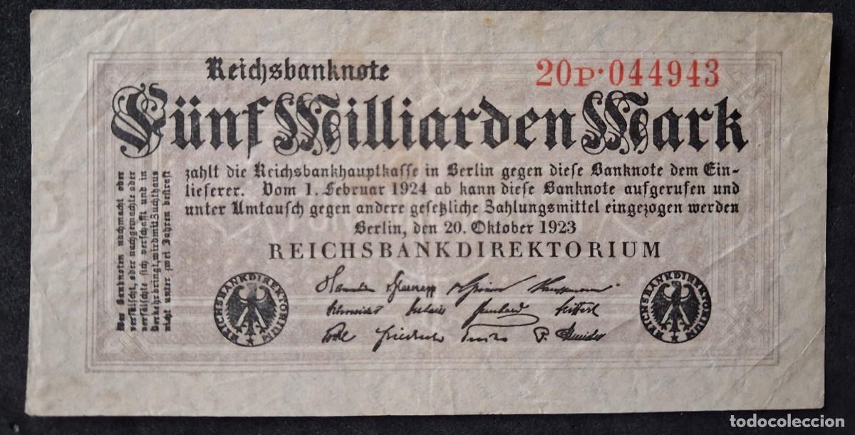 Billetes extranjeros: Alemania 5 milliarden Mark 1923 cinco mil millones marcos n&uacute;meros rojos pick 123A ROS120c MBC+