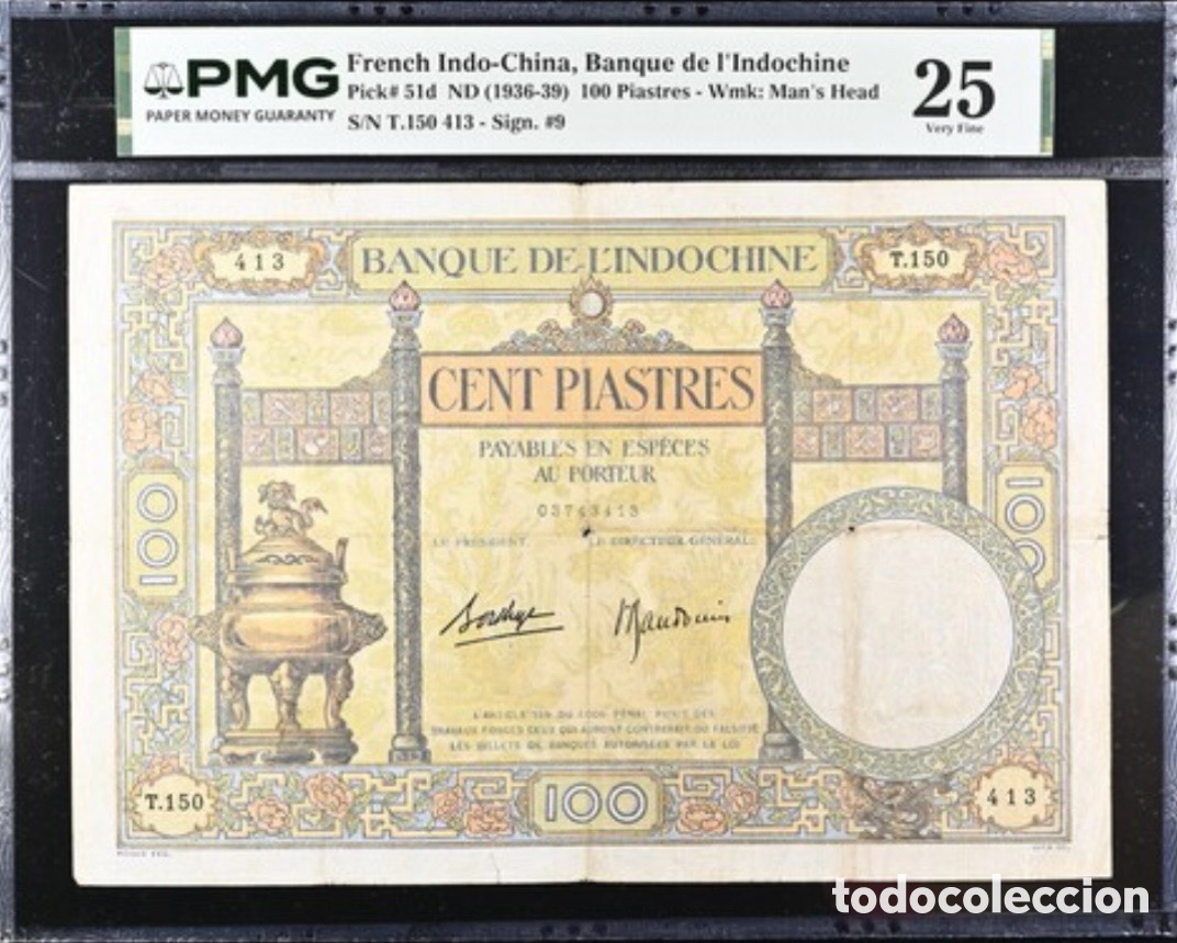 Billetes extranjeros: Billete 100 Piastres French-Indochina 1936-39 PMG 25