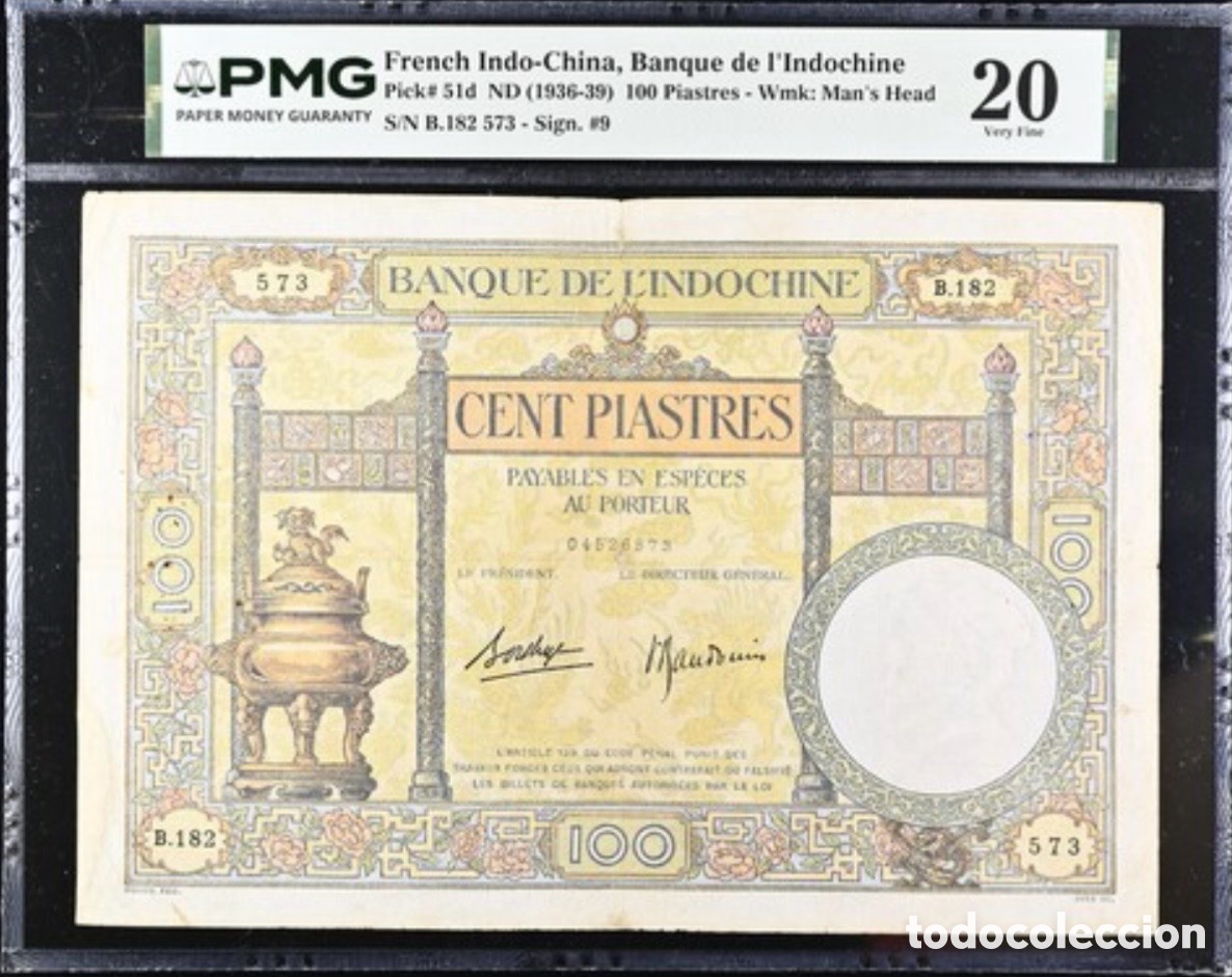 Billetes extranjeros: Billete 100 Piastres French-Indochina 1936-39 PMG 20 repaired