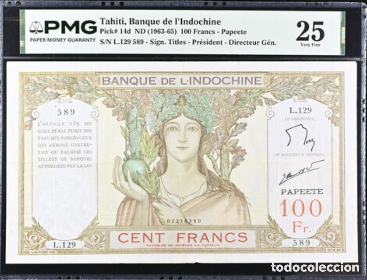 Billetes extranjeros: Billete 100 Francs Indochina Tahiti 1963 PMG 25 p14d