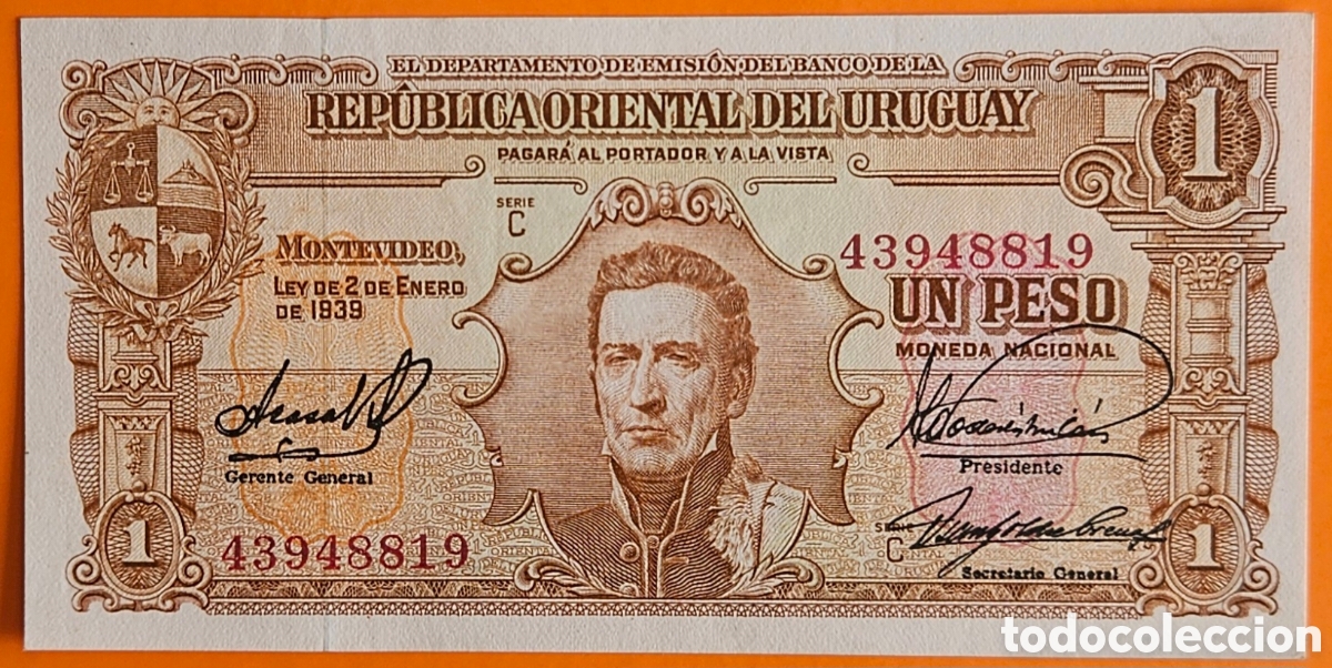 Billetes extranjeros: URUGUAY, UN PESO, 1939. SC.
