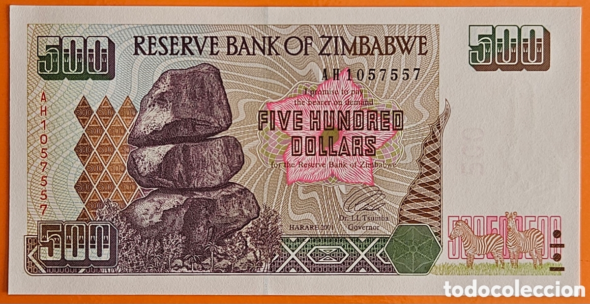Notas Internacionais: ZIMBABWE, 500 D&Oacute;LARES, 2001. SC.