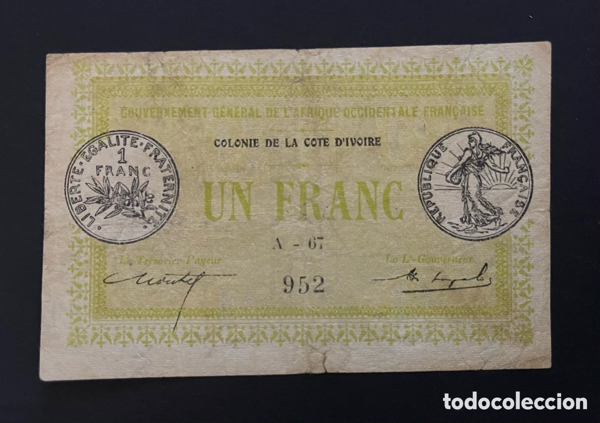 Billetes extranjeros: CMC COSTA DE MARFIL (IVORY COAST) 1 FRANCO 1917 PICK 2-A BC