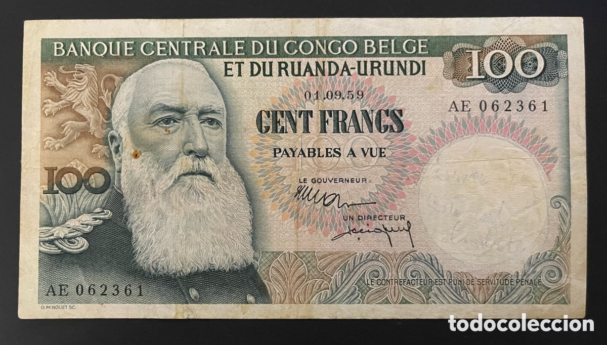 Billetes extranjeros: CMC CONGO BELGA (BELGIAN CONGO) 100 FRANCOS 1959 PICK 33-B BC
