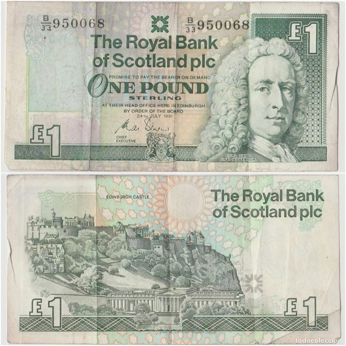Billetes extranjeros: Escocia 1 Libra 1991 RBS n/s B|33 950068 Circulado (el billete de la foto)