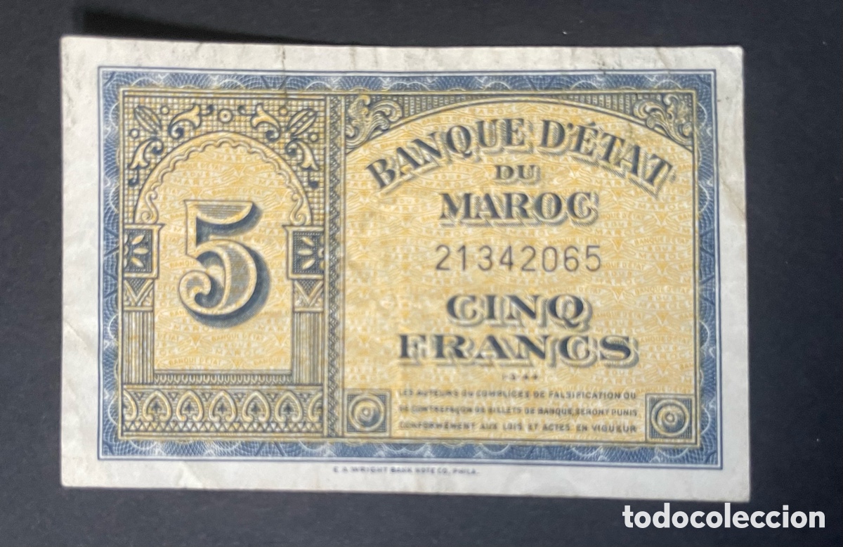 Billetes extranjeros: CMC MARRUECOS (MOROCCO) 5 FRANCOS 1944 PICK 24 BC