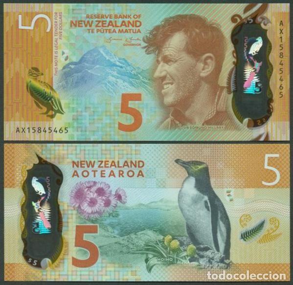 Billetes extranjeros: NUEVA ZELANDA (NEW ZEALAND). 5 $ 2015. Polimero. S/C. Ave, ping&uuml;ino de ojos amarillos - el mas raro.
