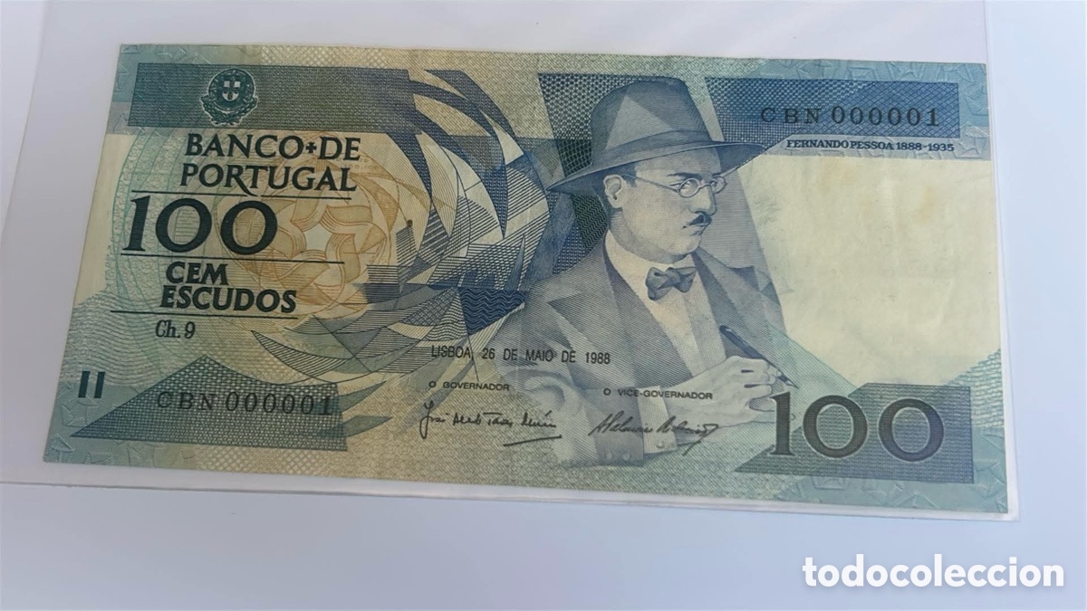 Billetes extranjeros: Billete 100 escudos Portugal N&uacute;mero 1 Fernando Pessoa
