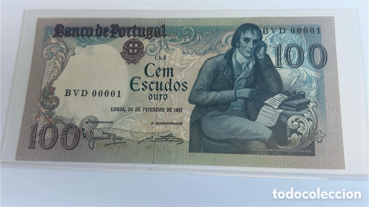 Billetes extranjeros: Billete 100 escudos Portugal N&uacute;mero 1 Bocage