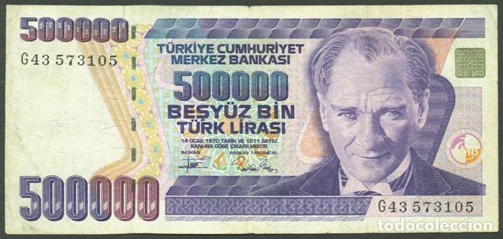 Billetes extranjeros: TURQUIA. 500000 lira (1993). Pick 208 c. Serie G. Con cuadrado dorado en la esquina.