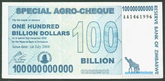 Billetes extranjeros: ZIMBABWE. 100 billiones de dolares 2008. Pick 64.