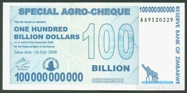 Billetes extranjeros: ZIMBABWE. 100 billiones de dolares 2008. Pick 64.