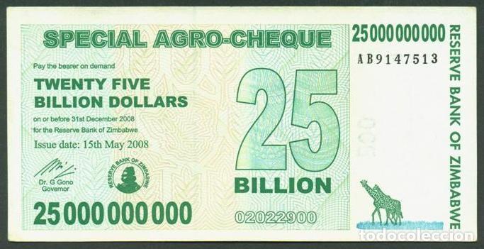Billetes extranjeros: ZIMBABWE. 25 billiones de dolares 2008. Pick 62.