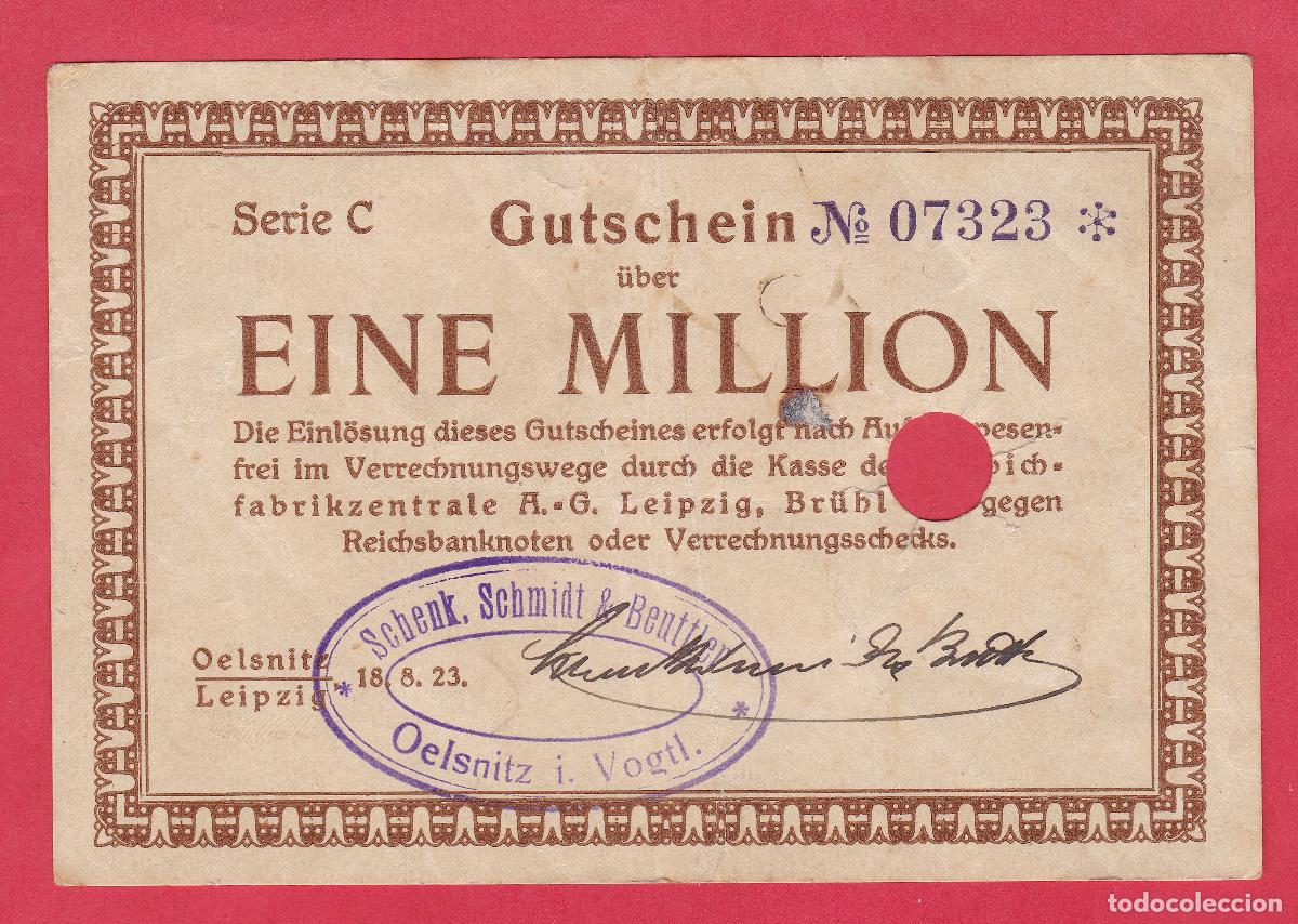 Billetes extranjeros: Billete Notgeld Alemania 1 Mill&oacute;n Marcos 1923 - Hiperinflaci&oacute;n Leipzig - Serie C - Billete Raro