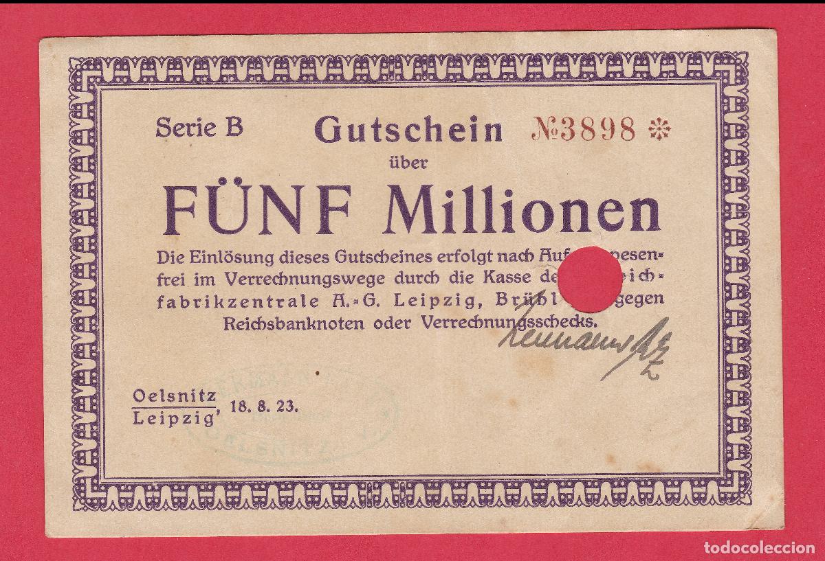 Billetes extranjeros: Billete Notgeld Alemania 5 Millones Marcos 1923 - Hiperinflaci&oacute;n Leipzig - Serie B - Weimar - Raro