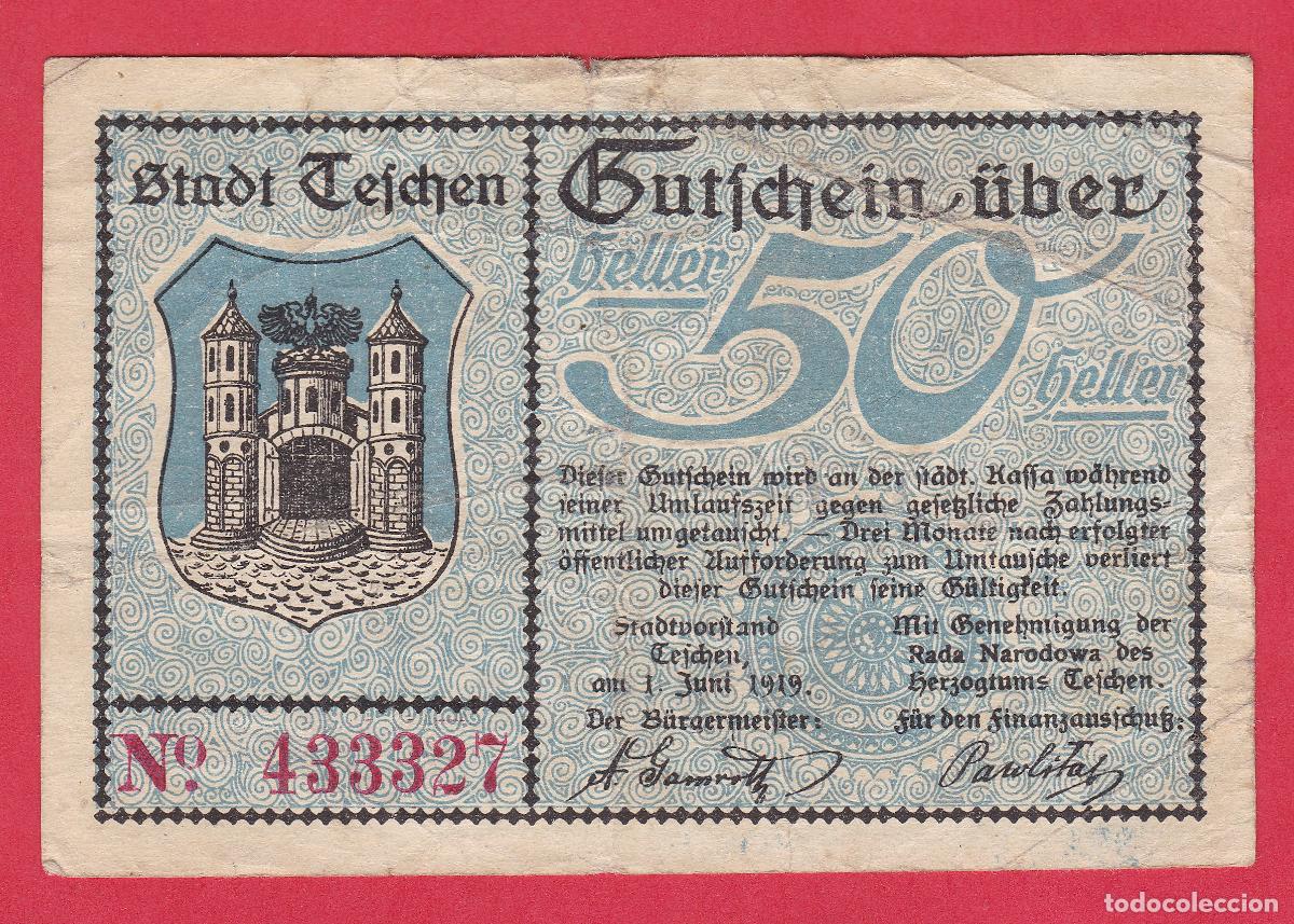 Billetes extranjeros: Billete Notgeld Austria / Polonia Teschen 50 Heller 1919 - Escudo Ciudad - I Guerra Mundial