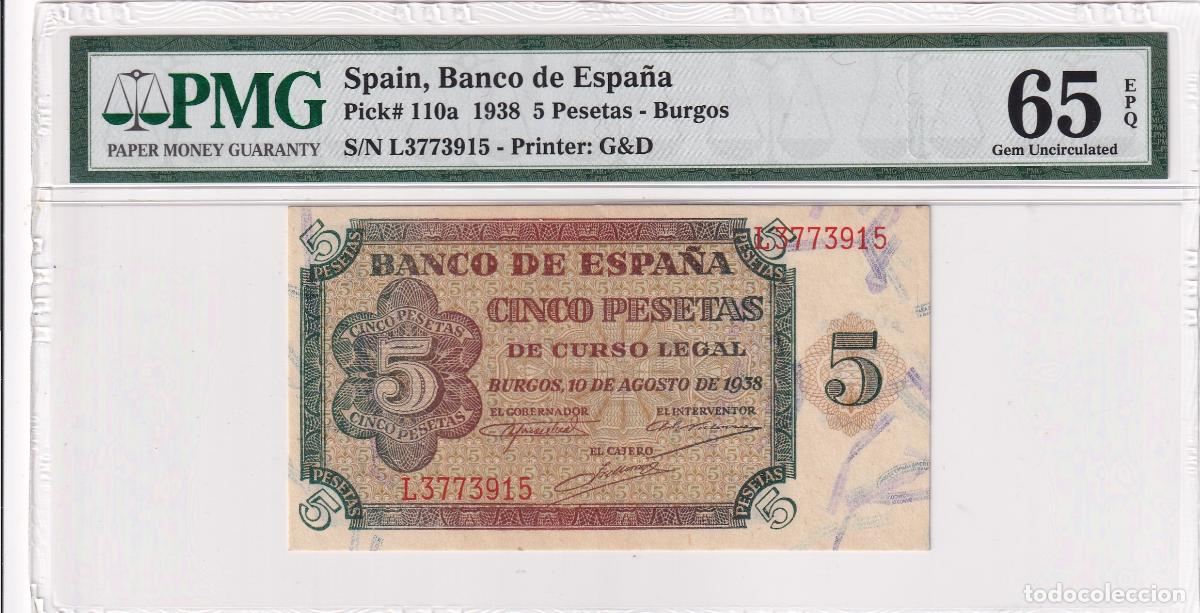 Billetes extranjeros: CRPMG057 BILLETE ENCAPSULADO ESPA&Ntilde;A 5 PESETAS 1938 SERIE L ENCAPSULADO PMG 65