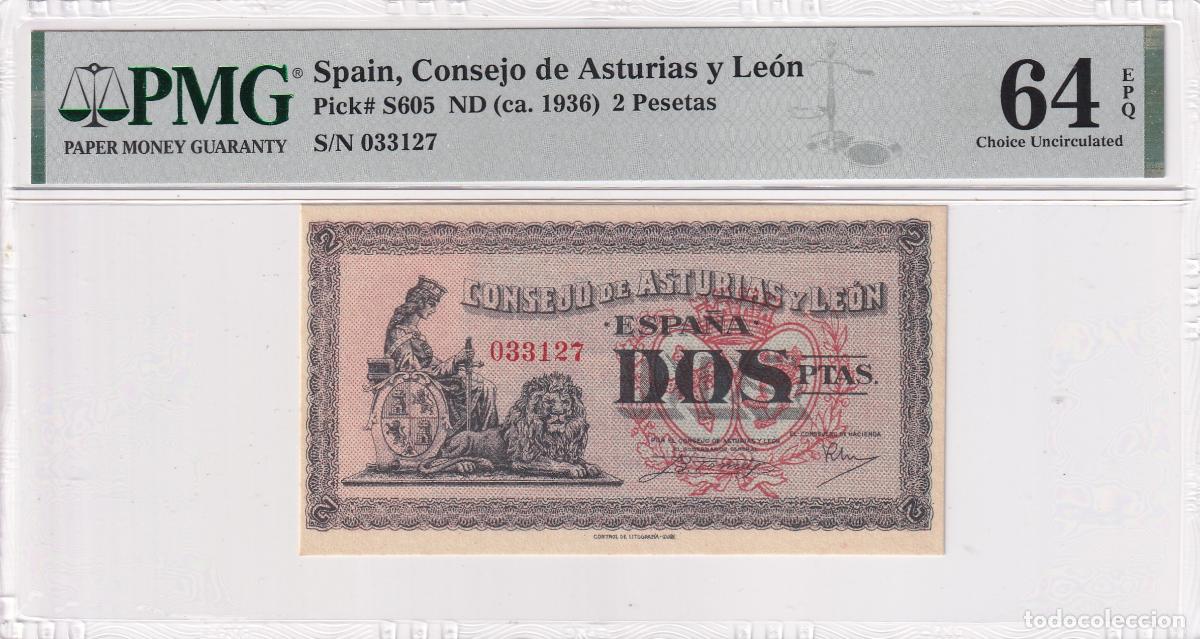 Billetes extranjeros: CRPMG063 BILLETE ENCAPSULADO ESPA&Ntilde;A LOCAL ASTURIAS Y LEON 2 PESETAS 1936 PMG64