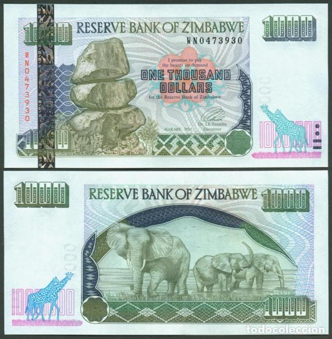 Billetes extranjeros: ZIMBABWE. 1000 $ 2003. Pick 12 b. Elefantes en el reverso. Numeros estrechos.
