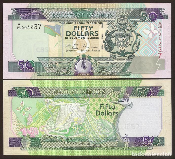 Billetes extranjeros: Islas Salomon (Solomon). 50 $ S/F(2001). Prefijo A/25. Pick 24. S/C. Tama&ntilde;o 74 x 160. Fauna.