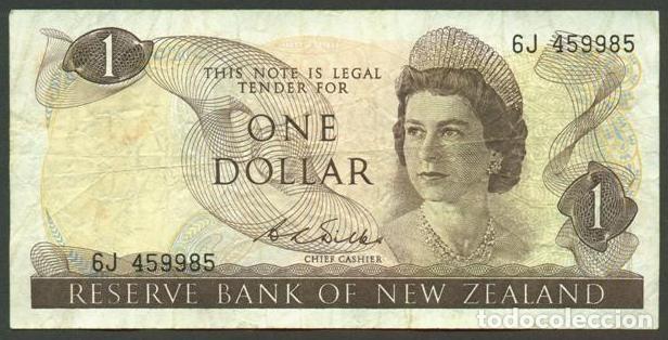 Billetes extranjeros: NUEVA ZELANDA (NEW ZEALAND). 1 $ (1968-1975). Pick 163 b. Isabel II, fauna, ave. Firma - Wilks.