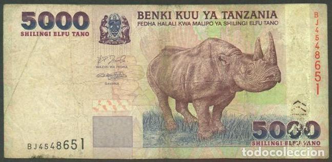 Billetes extranjeros: TANZANIA. 5000 shillingi (2003). Pick 38. Fauna, rinoceronte.