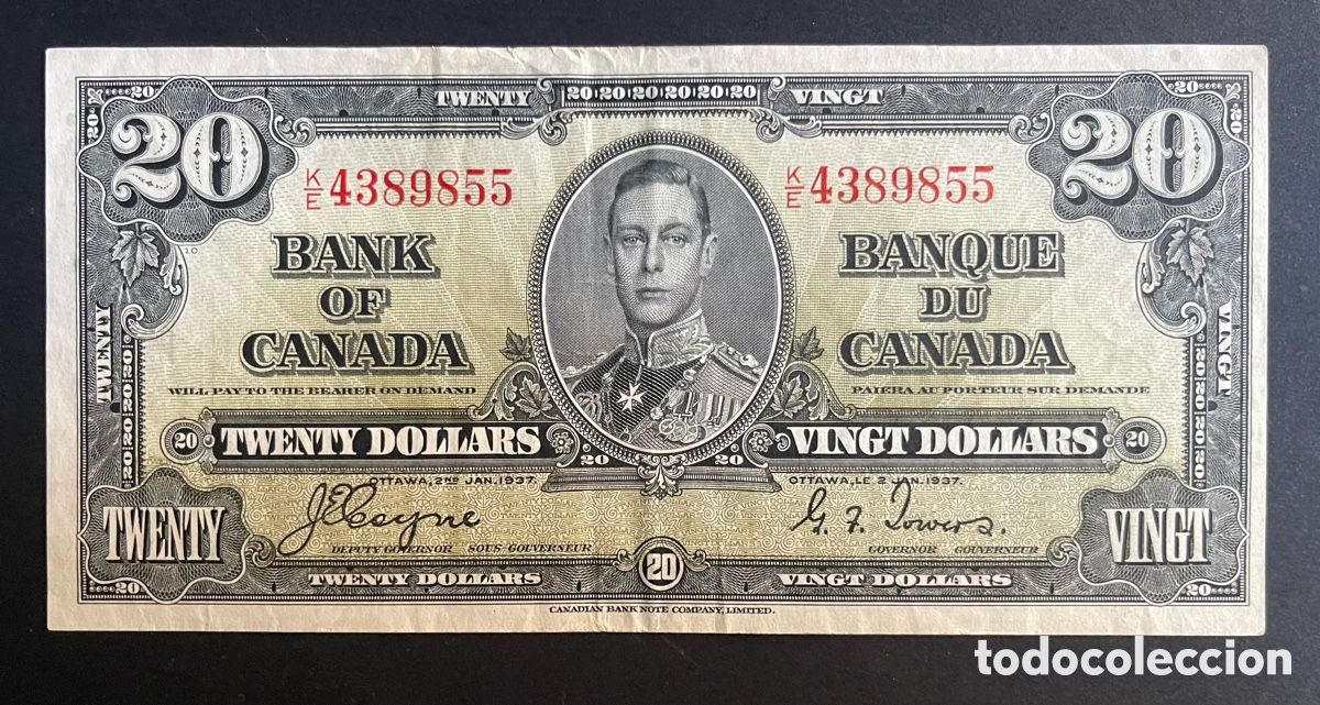 Billetes extranjeros: CMC CANADA 20 DOLARES 1937 PICK 62-B MBC