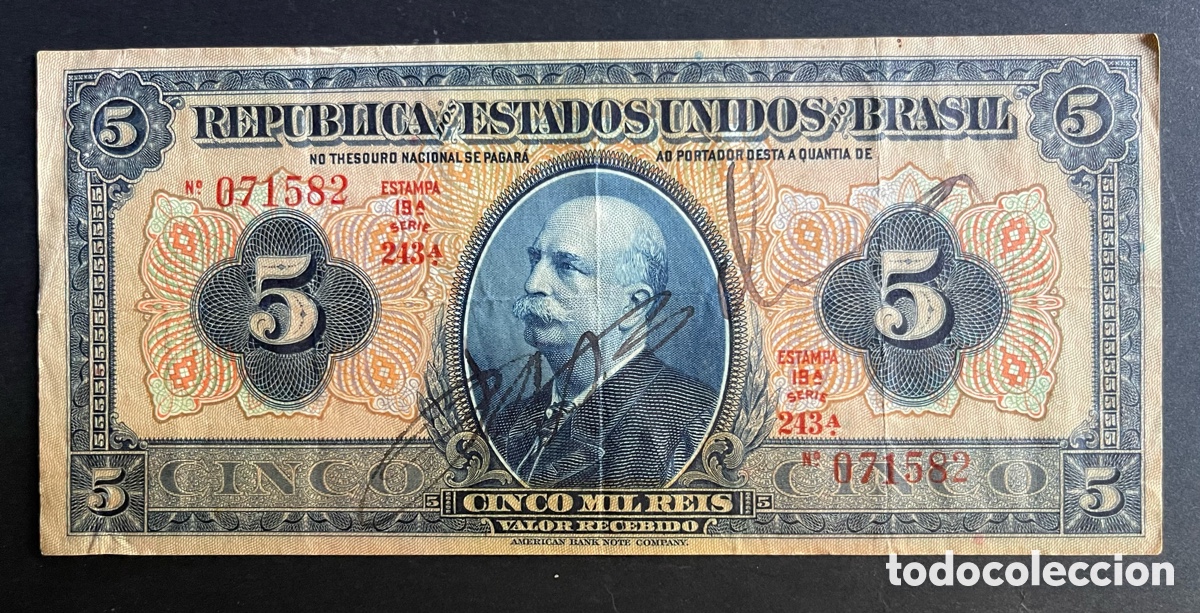 Billetes extranjeros: CMC BRASIL (BRAZIL) 5000 REIS 1925 PICK 29-B MBC