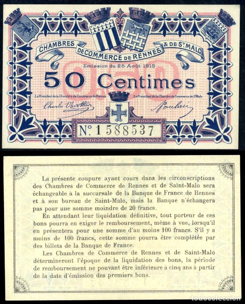 Billetes extranjeros: BILLETE FRANCIA - 50 CENTS - 1915 - BILLETE DE EMERGENCIA - RENNES