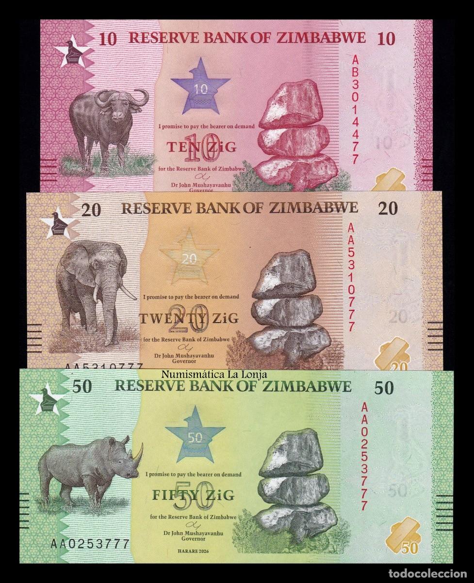 Billetes extranjeros: Zimbabwe Set 3 billetes 10 20 50 Zig 2026 Pick 115 116 117 Nuevo Sc Unc