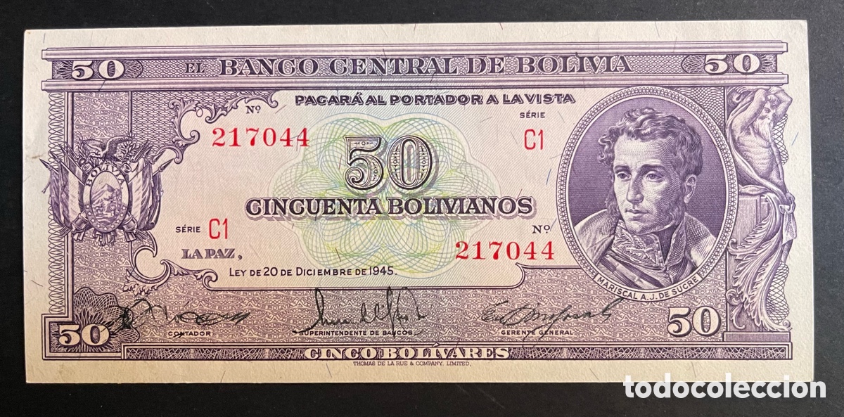 Billetes extranjeros: CMC BOLIVIA 50 BOLIVIANOS 1945 PICK 141-A SC-
