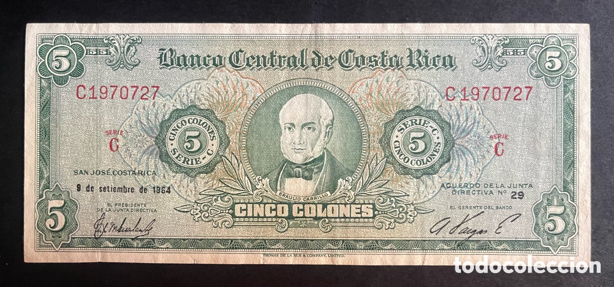 Billetes extranjeros: CMC COSTA RICA 5 COLONES 1964 PICK 228 MBC