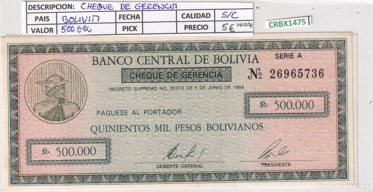 Billetes extranjeros: CRBX1475 BILLETE BOLIVIA CHEQUE DE GERENCIA 1984 500000 BOLIVIANOS SIN CIRCULAR