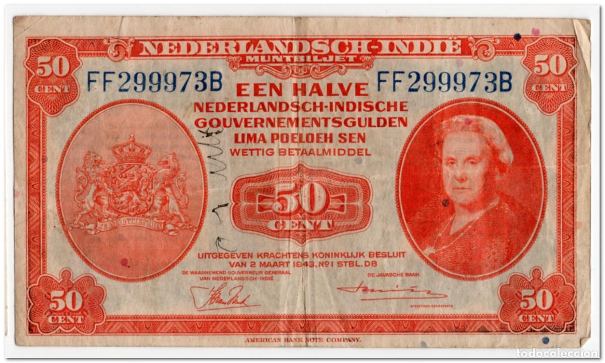 Billetes extranjeros: NETHERLANDS INDIES,0,50 CENTS,1943,P.110,F-VF,GREFFITI