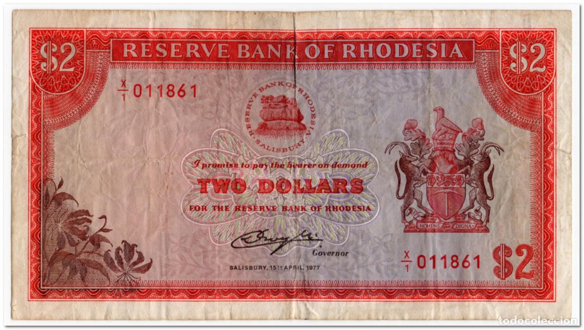 Billetes extranjeros: RHODESIA,2 DOLLARS,1977,P.31b,F