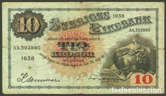 Billetes extranjeros: SUECIA. 10 kronor 1938. Pick 34u. Variante de firmas.