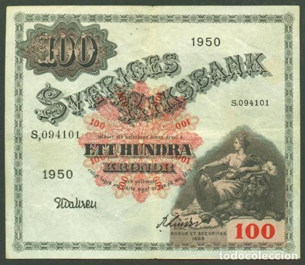 Billetes extranjeros: SUECIA. 100 kronor (coronas ) 1950. Pick 36af. Variante de firmas. 2 firmas.