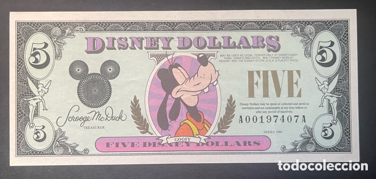 Billetes extranjeros: CMC 5 DOLARES 1994 DISNEY (GOOFY) EBC