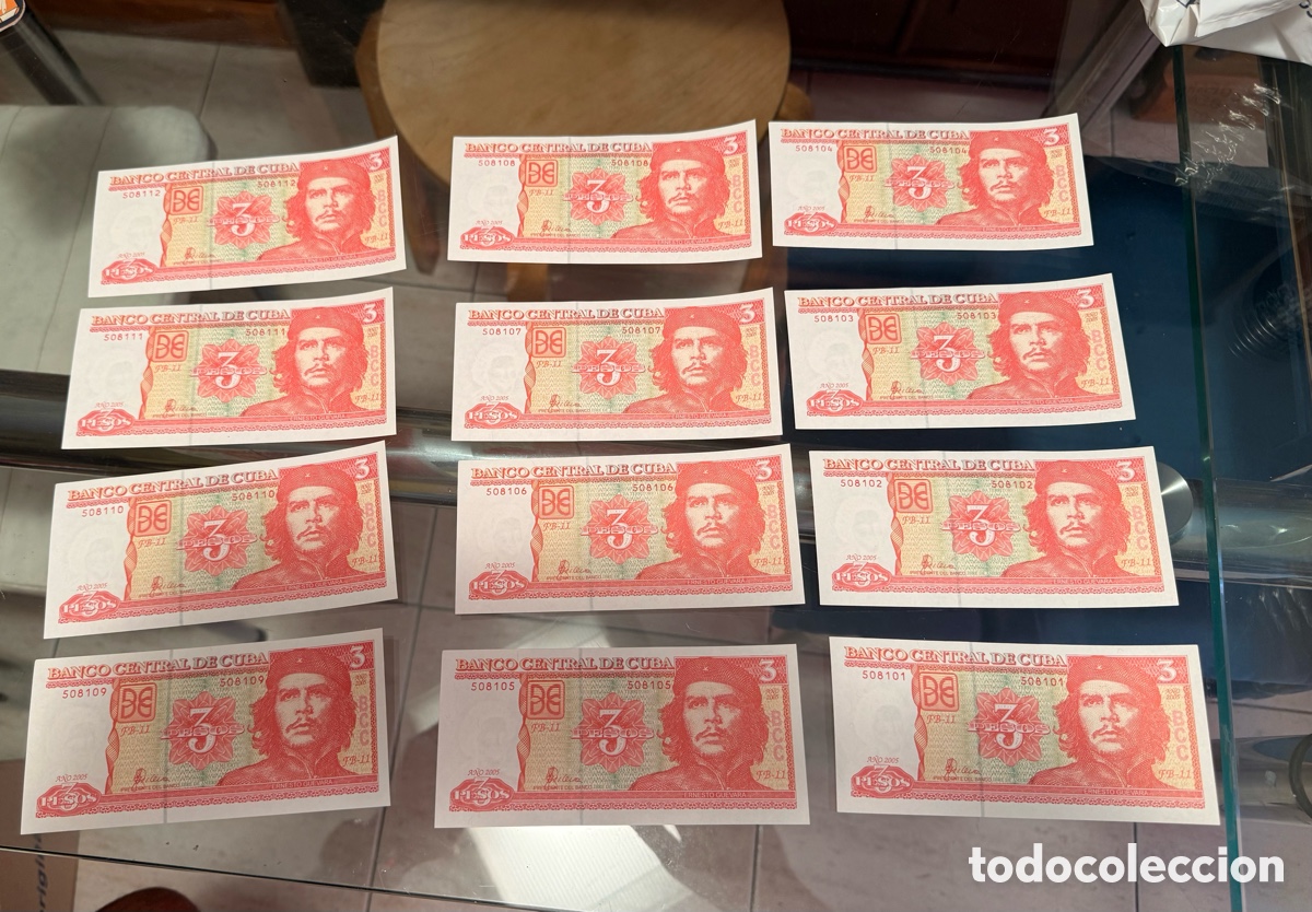 Billetes extranjeros: 12 billetes de 3 Pesos Cuba 2005 &ndash; Che Guevara &ndash; SIN CIRCULAR &ndash; Serie consecutiva