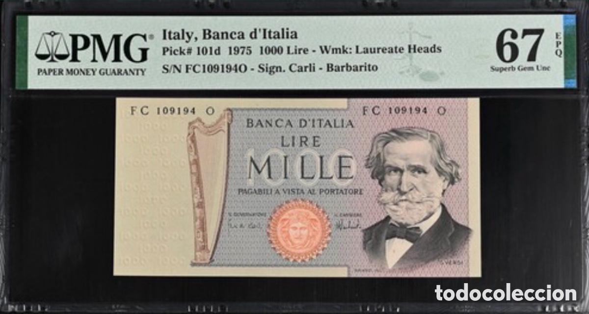 Billetes extranjeros: Billete Italia 1000 Lire 1975 PMG 67