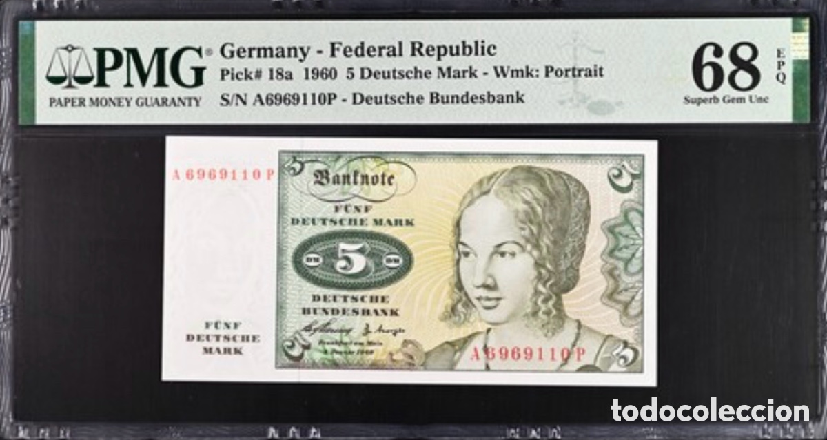 Billetes extranjeros: Billete Alemania 5 Deutsche Mark 1960 PMG 68 Serie A