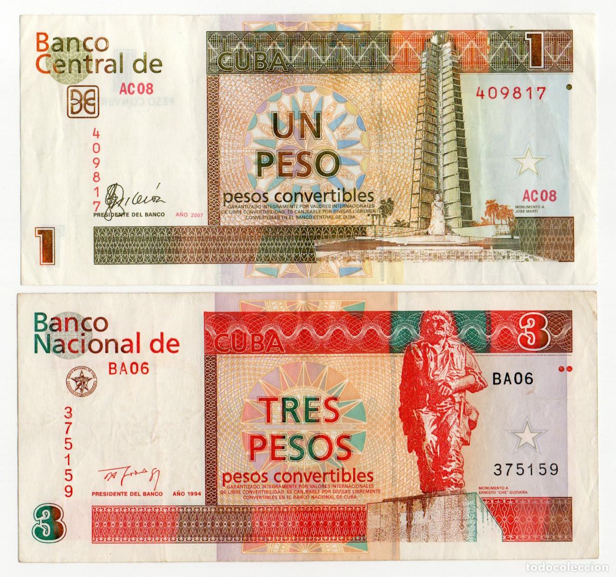 Billetes extranjeros: 2 Billetes Cuba 1 y 3 Pesos Convertibles CUC, 2007 y 1994 MBC
