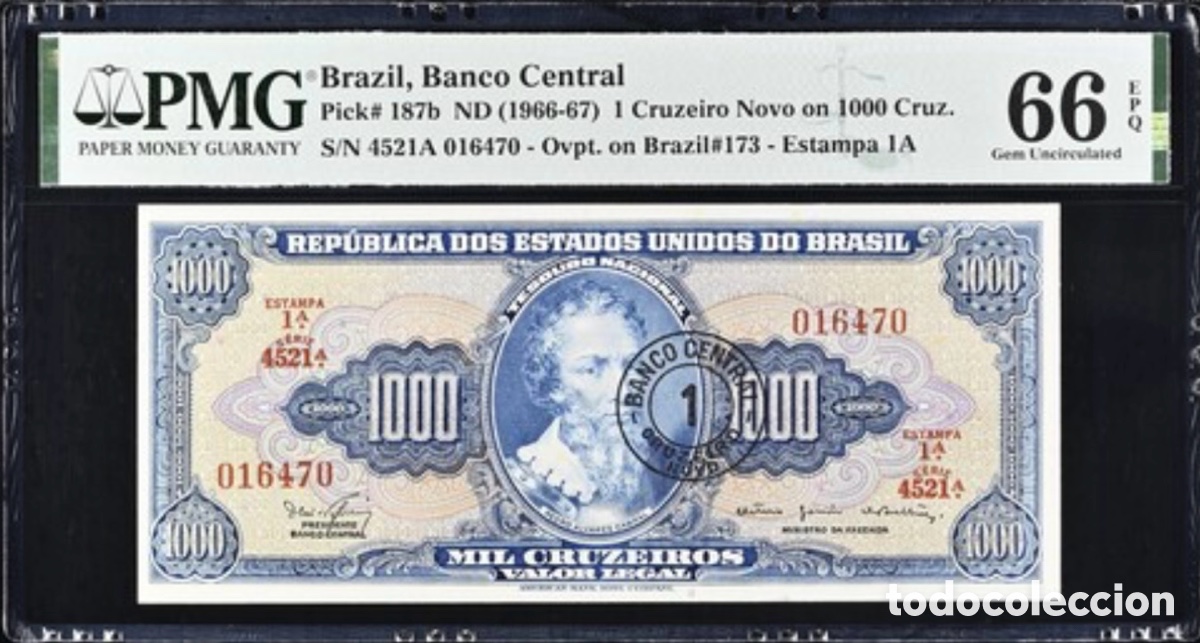 Billetes extranjeros: Billete Brasil 1 Cruzeiro Nono on 1000 Cruz 1966 PMG 66 p187b
