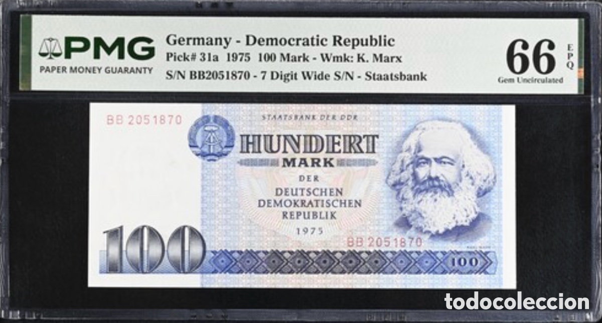 Billetes extranjeros: Billete Germany Democratic 100 Mark 1975 PMG 66